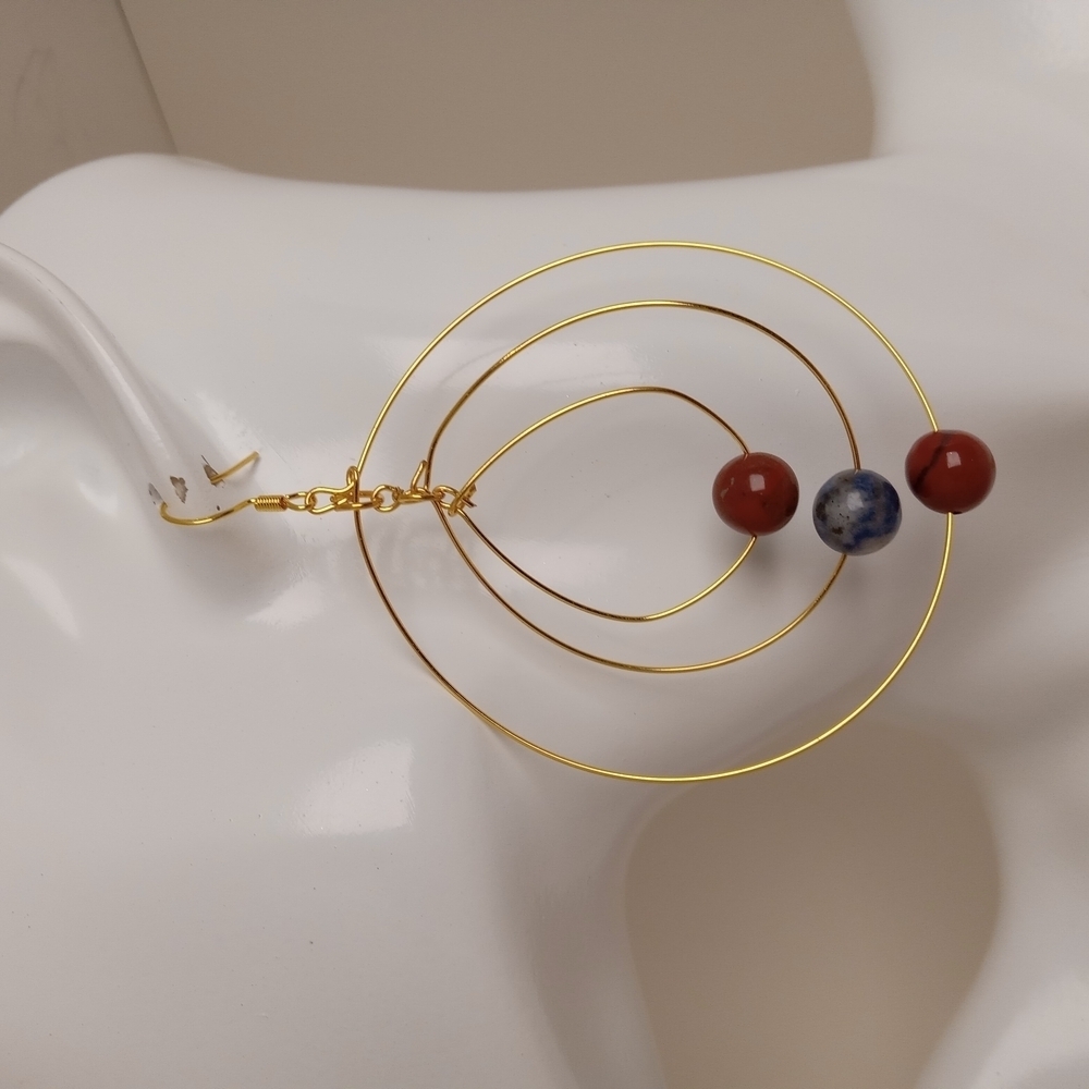 Elegant Gold Earrings with Red Agate And Blue Jasper - Picture 3 of 5
